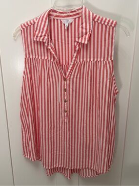 Red & White Striped Sleeveless Button Front Top by Time and Tru